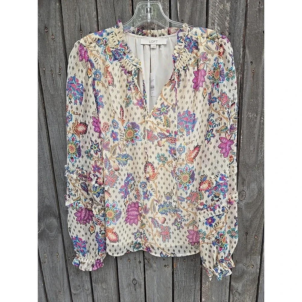 Loft Top Sparkle Shimmer Vine Lined Puff Sleeve Ruffle Boho Floral Gold Sz M